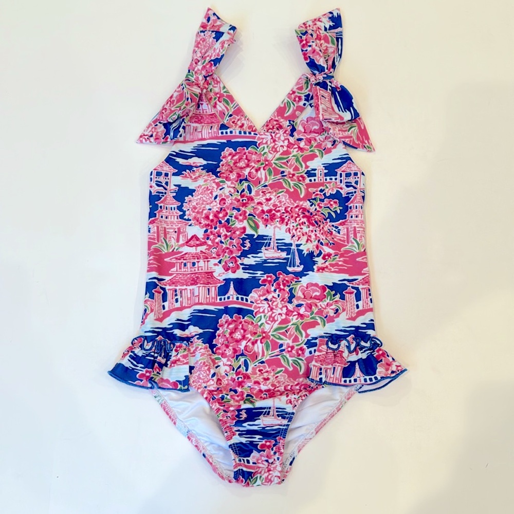 Sweet Honey Clothing Melanie one piece swimsuit pink and blue toile size 5y NEW!